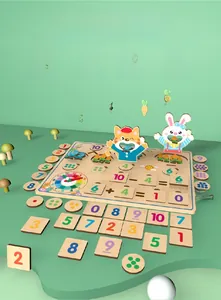 Detail of wooden math learning board with number blocks, clock and feeding game for toddlers