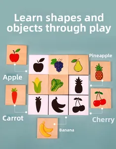 Detailed view of wooden matching puzzle with fruits and vegetable shape silhouettes