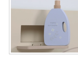 Detail of wooden fabric softener bottle for kids play kitchen in Nordic style