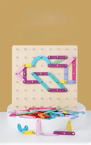Detailed view of colorful wooden geometric shapes on a pegboard Montessori toy set