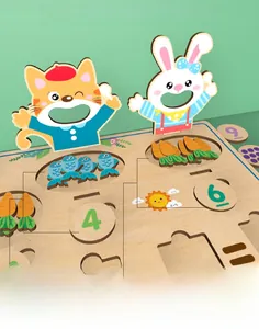 Close-up of wooden Montessori feeding math toy with rabbit, cat slots and number discs