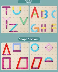 Macro detail of wooden pegboard showing kids learning letters and geometric shapes