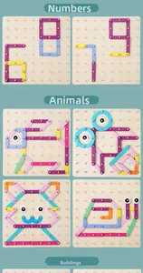 Detail of wooden geometric pegboard with colorful strips building numbers and animal shapes
