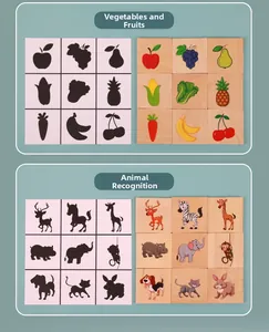 Detailed view of wooden shadow matching puzzles with fruits and animal themes for kids