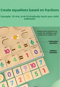 Detail of wooden math learning board showing addition tiles and subtraction exercises