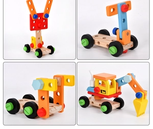 Coffret outils en bois pour enfants avec modèles de tractopelle et hélicoptère