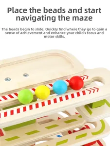 Macro detail of wooden marble run track with colorful beads for toddler focus training