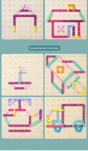 Detail view of Montessori wooden pegboard showing 6 transport shapes and colorful parts