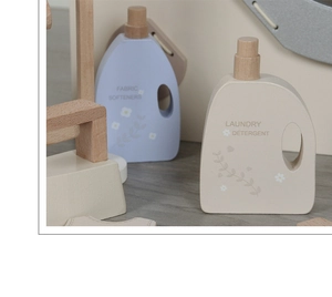 Detailed macro view of wooden play laundry detergent and fabric softener bottles