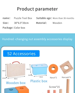 Détails de la boîte à outils en bois pour enfants avec 52 accessoires ludiques