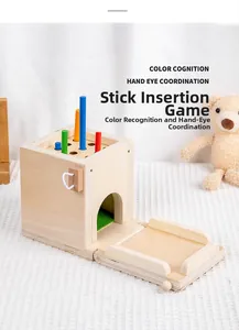Close-up of a wooden Montessori sorter with colorful sticks for color cognition training
