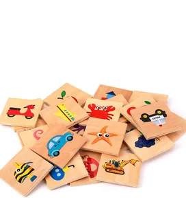 Close-up of thick wooden puzzle pieces showing vehicle and animal illustrations