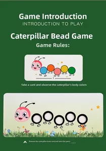 Educational caterpillar bead game showing matching color task cards and hole-punched cards