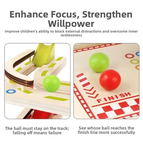 Close-up of wooden marble run track detail with finish line and colorful wooden balls