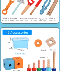 Détails d'une boîte à outils en bois de 46 pièces pour enfants avec divers accessoires