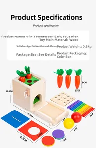 Detailed size specifications of the 4-in-1 Montessori wooden sorting box and accessories