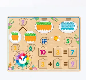 Detail view of wooden Montessori math board with cartoon graphics and teaching clock