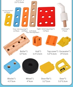 Liste détaillée des pièces du kit d'outils en bois avec dimensions et composants colorés