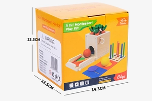Detailed view of the 4-in-1 Montessori toy box packaging with dimensions 14.3x12.5x13.5cm