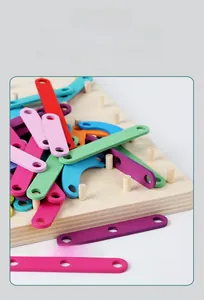 Detailed close-up of colorful wooden blocks and pegs for Montessori geometry training