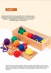 Set Froebel GABE 1 con dodici palline di lana colorate e scatola di legno per bambini