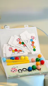 Detailed educational toy set with caterpillar cards, colorful beads, and training tweezers
