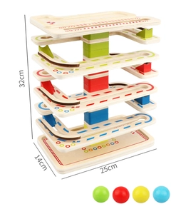 Detail of 6-layer wooden ball tracker toy with dimensions 32x25x14cm and 4 colored balls