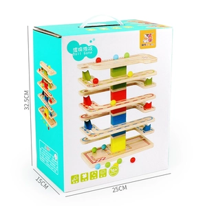 Detailed retail packaging box for wooden ball track game with 25x15x32.5cm dimensions