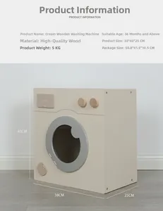 Macro detail of Nordic wooden toy washing machine with soap drawer and rotary knobs