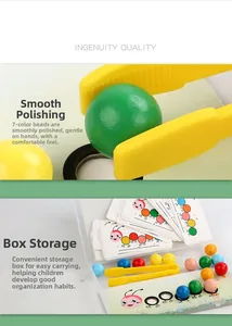 Detail of wooden beads, logic cards, and tweezers for toddler fine motor skills training