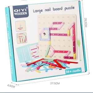 Educational wooden pegboard puzzle box set with colored plastic strips and cards for kids
