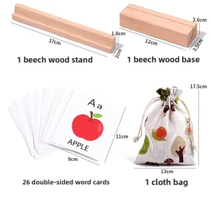 Detailed size specifications for wooden alphabet cards, beechwood stand and storage bag
