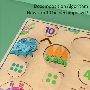 Wooden Montessori math board for children featuring number decomposition and feeding games