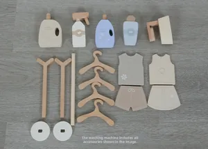 Detailed view of Nordic wooden laundry playset with toy iron, hangers and spray bottles