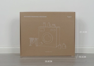 Detailed view of the wooden washing machine toy packaging box with dimensions