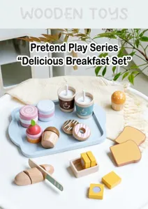 Detailed view of a wooden play food set with toy donuts and cupcakes on a tray