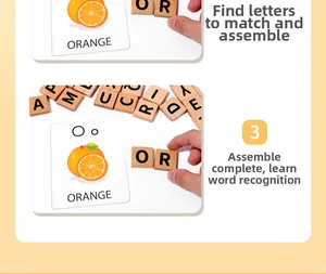 Detail of wooden letter blocks and orange flashcard for early vocabulary learning