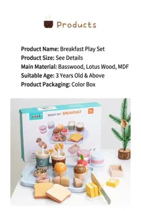 Detail showing wooden breakfast play set with blue tray, donuts and coffee cup in box