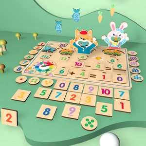 Wooden Montessori math board with number blocks, counting tiles and teaching clock