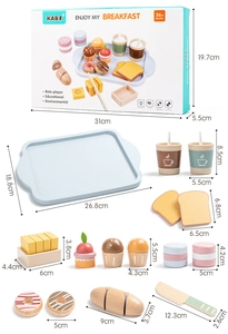 Detailed view of wooden play food set with tray, cups, and assorted pastries for kids