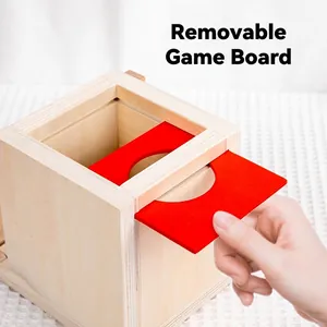 Montessori 4-in-1 wooden coin box with removable red lid for toddler color matching skills