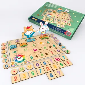 Educational wooden math puzzle set with numbers, symbols, clock, and storage box