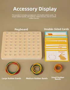 Detail view of wooden geoboard with colored rubber bands and double-sided pattern cards