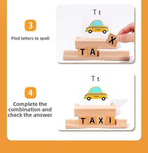 Macro detail of wooden alphabet blocks matching English word taxi on a learning card