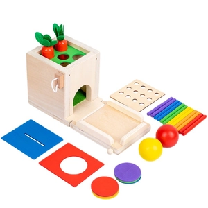 Montessori 4-in-1 wooden toy set with sorting box, carrots, and colorful sticks
