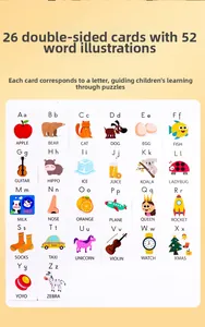 Detail view of 26 double-sided alphabet flashcards with cartoon illustrations and words
