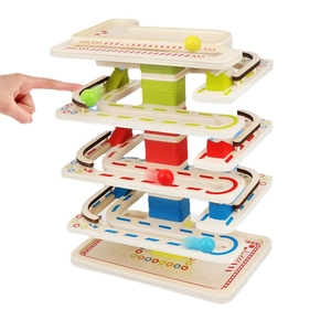 Educational five-layer wooden ball run track toy with colorful blocks for toddler focus training