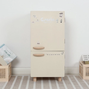 Nordic style wooden toy refrigerator with cream finish and elegant timber accents