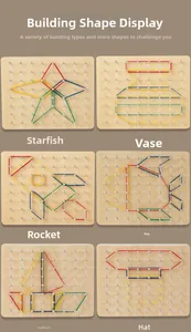 Creative wooden pegboard puzzles showing star, rocket, and boat shapes for early learning