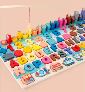 Dettaglio del puzzle Montessori in legno con lettere e set di gioco della pesca magnetica